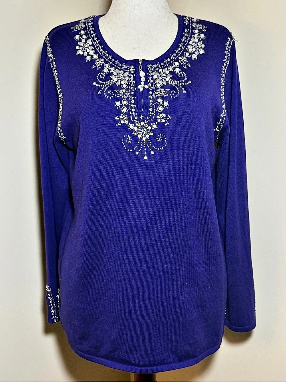 Quacker Factory Women L Purple Beaded Pearl Rhinestone Zip Sweater Tunic